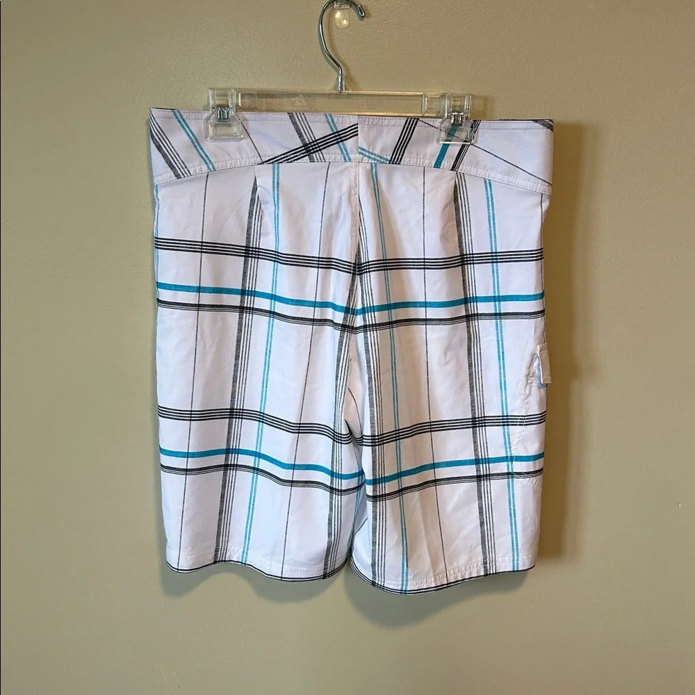 Mossimo Supply Co White Plaid Swim Shorts with Teal & Black Stripes-Size 34